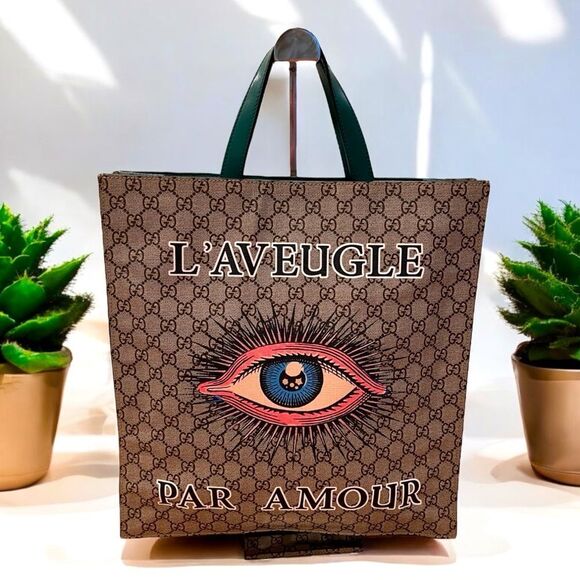Gucci GG Supreme Monogram L'Aveugle Par Amour Print Vertical Tote Emerald Green - Picture 1 of 13